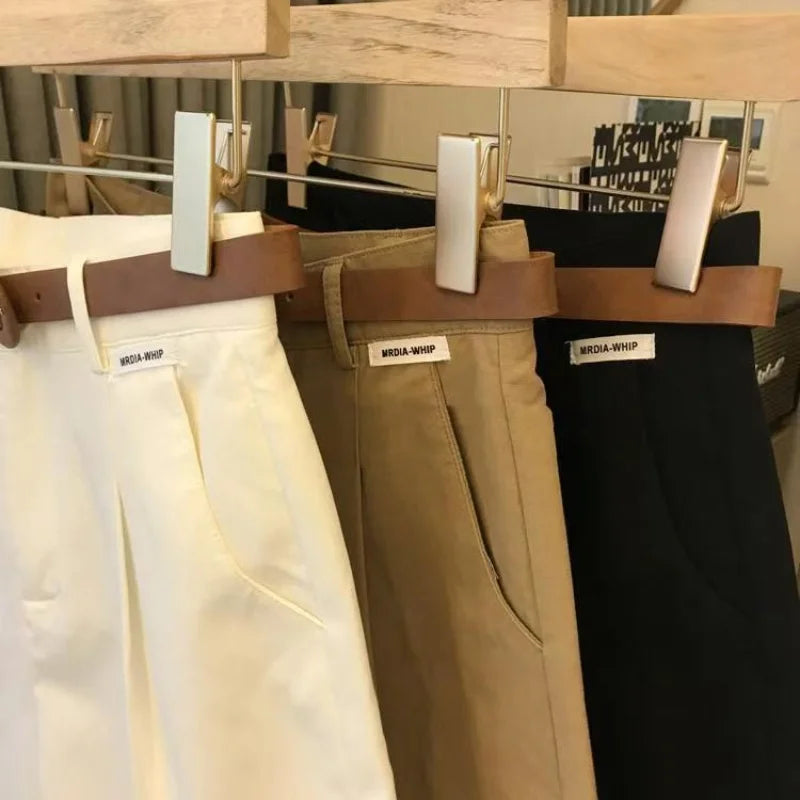 Chic Fashion Office Lady's Shorts With Belt Elegant Women's Straight Leg Shorts Korean Matching Basic Female New Wide Leg Shorts