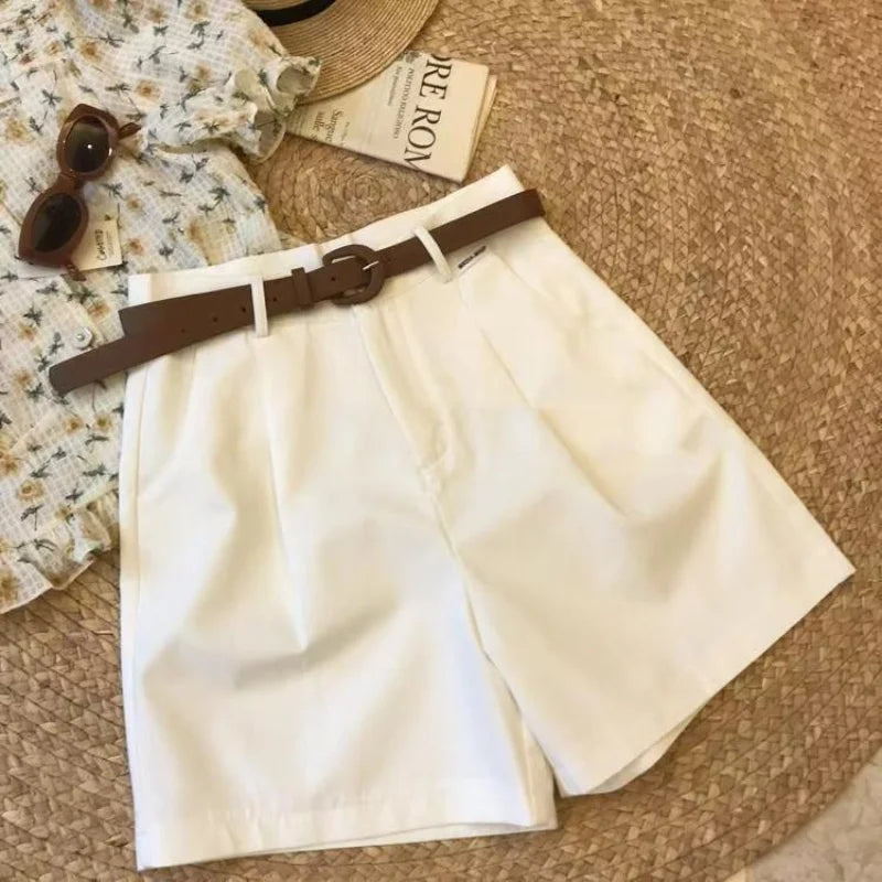 Chic Fashion Office Lady's Shorts With Belt Elegant Women's Straight Leg Shorts Korean Matching Basic Female New Wide Leg Shorts
