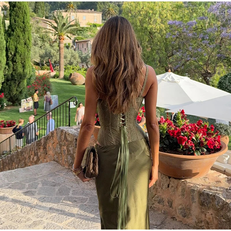 Fashion Solid Women's Two Piece Suit V-neck Sleeveless Lace Up Top A-line Hip Package Long Skirt 2025 Summer Lady Causal Outfits