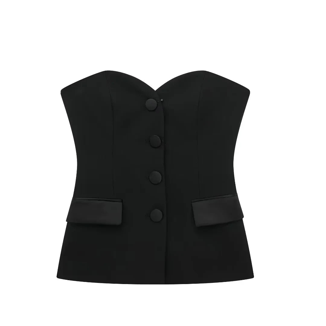 TRAFZA Summer Women Elegant White Top Front Button Corset Tube Top Strapless Sleeveless 2024 Fashion Y2k Female Chic Top