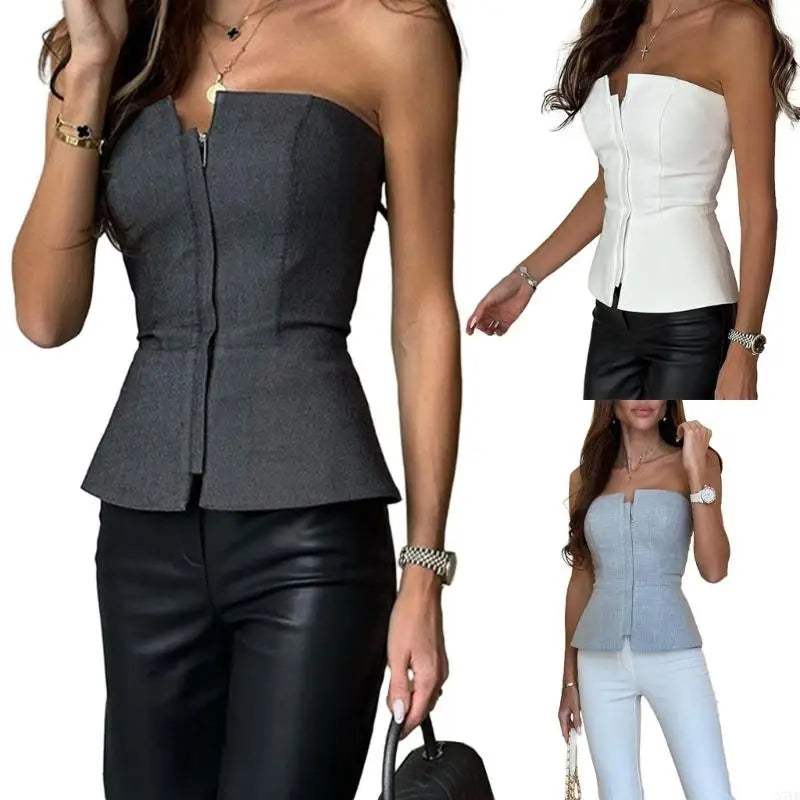 N7YF Elegant Up Bustier with Shoulder Baring Sleeveless Solid Bandeau