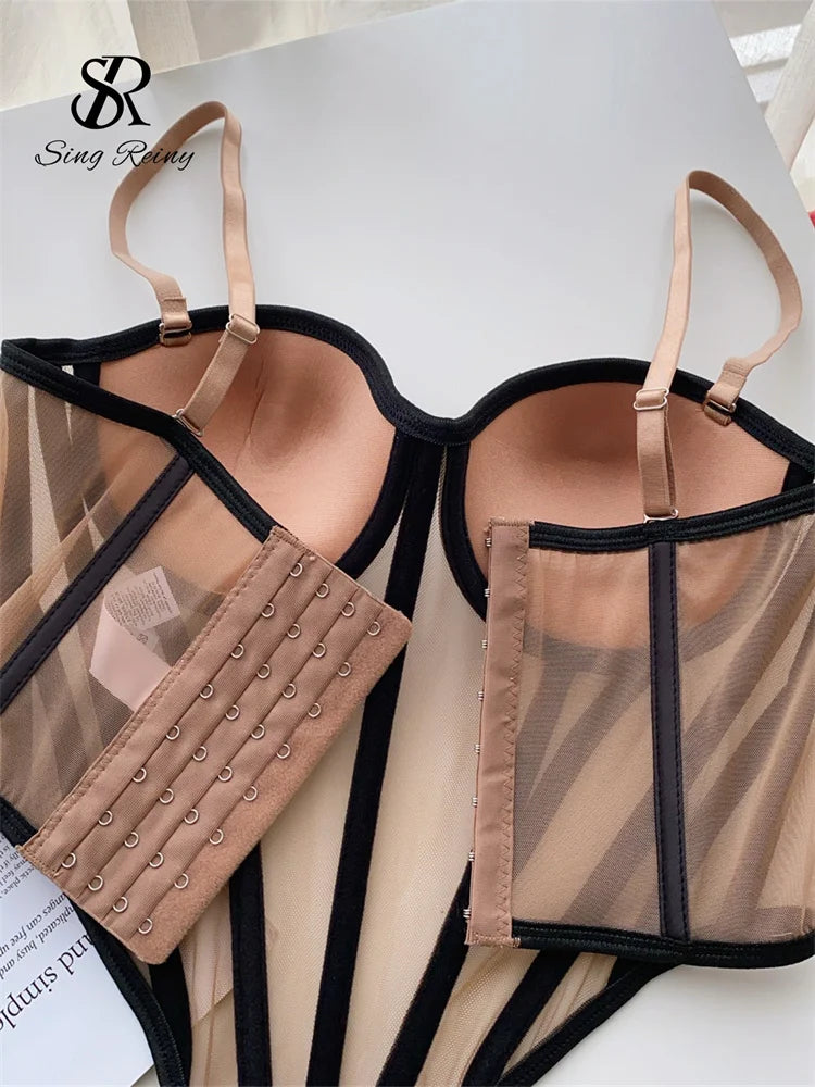 SINGREINY Strap Women Sheer Lingerie Streetwear Corset Slim Backless Tank Top Strapless Transparent Striped Sheath Sexy Camisole