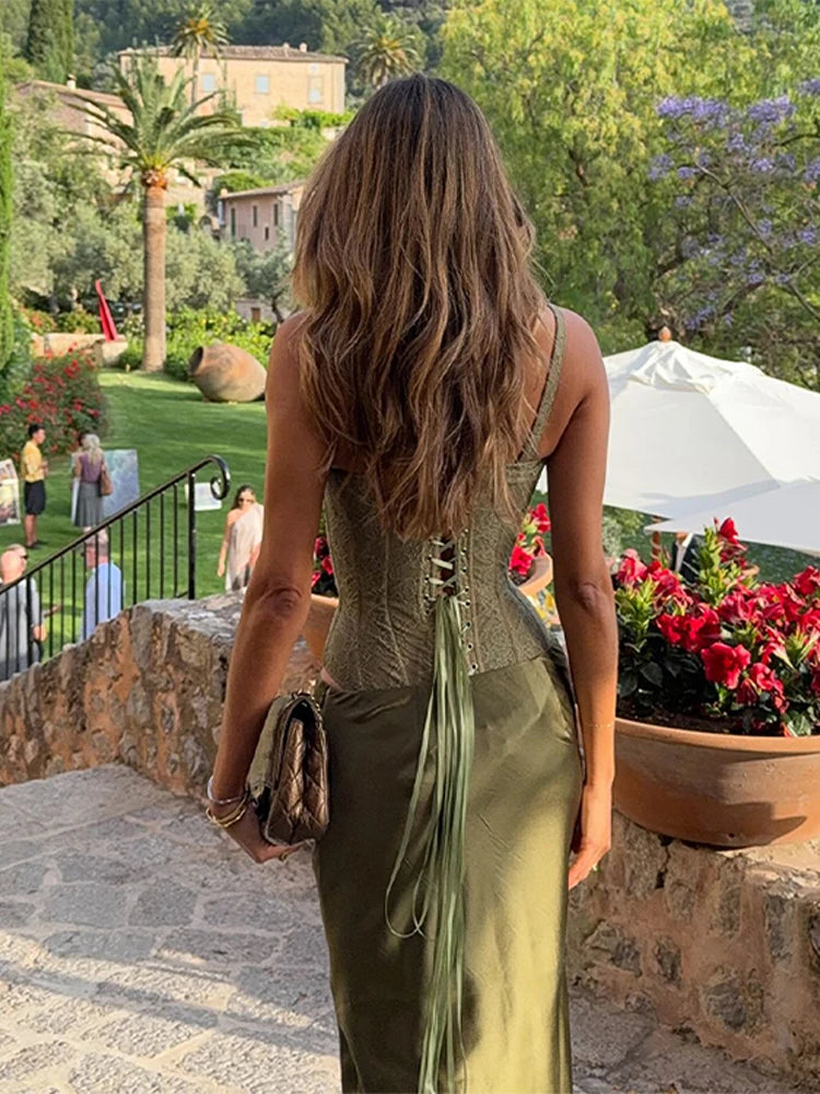 Fashion Solid Women's Two Piece Suit V-neck Sleeveless Lace Up Top A-line Hip Package Long Skirt 2025 Summer Lady Causal Outfits