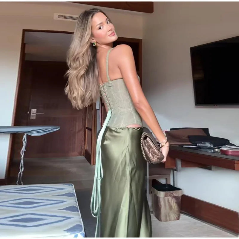 Fashion Solid Women's Two Piece Suit V-neck Sleeveless Lace Up Top A-line Hip Package Long Skirt 2025 Summer Lady Causal Outfits
