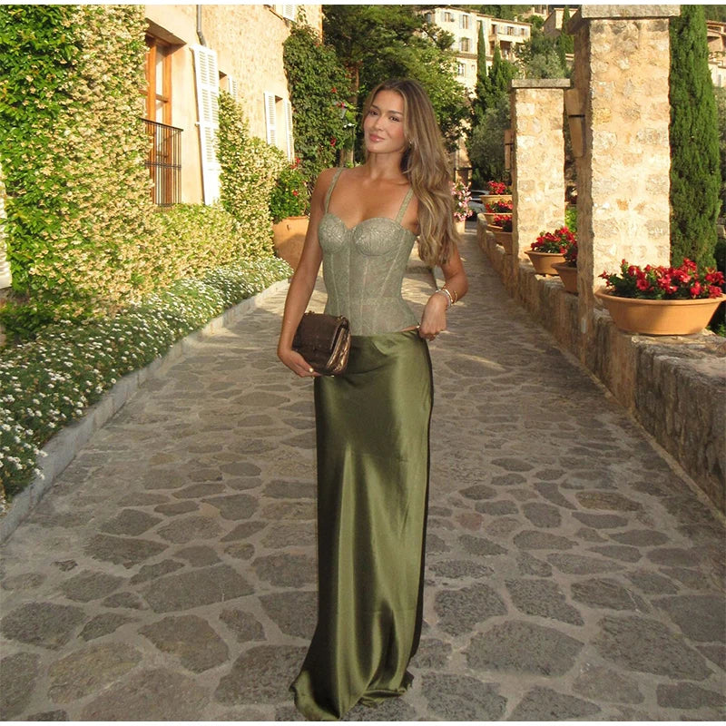 Fashion Solid Women's Two Piece Suit V-neck Sleeveless Lace Up Top A-line Hip Package Long Skirt 2025 Summer Lady Causal Outfits