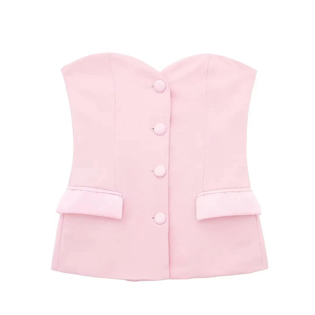 TRAFZA Summer Women Elegant White Top Front Button Corset Tube Top Strapless Sleeveless 2024 Fashion Y2k Female Chic Top