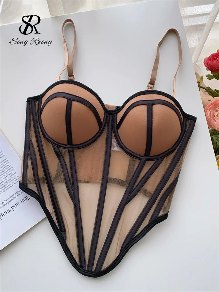 SINGREINY Strap Women Sheer Lingerie Streetwear Corset Slim Backless Tank Top Strapless Transparent Striped Sheath Sexy Camisole