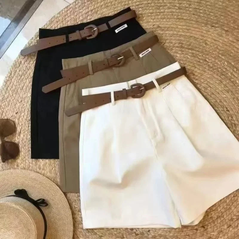 Chic Fashion Office Lady's Shorts With Belt Elegant Women's Straight Leg Shorts Korean Matching Basic Female New Wide Leg Shorts