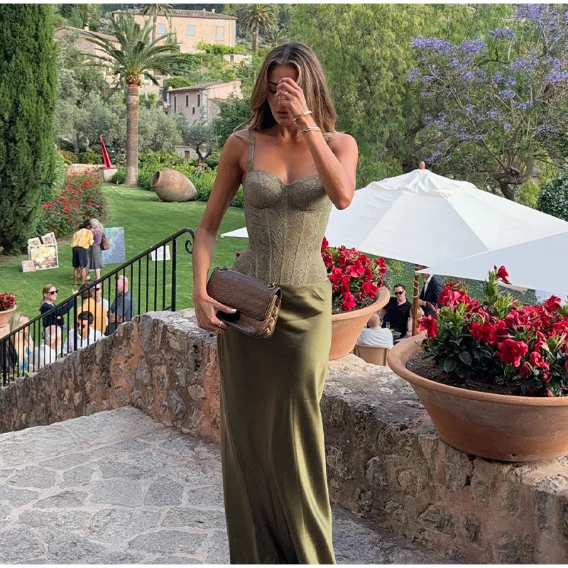 Fashion Solid Women's Two Piece Suit V-neck Sleeveless Lace Up Top A-line Hip Package Long Skirt 2025 Summer Lady Causal Outfits