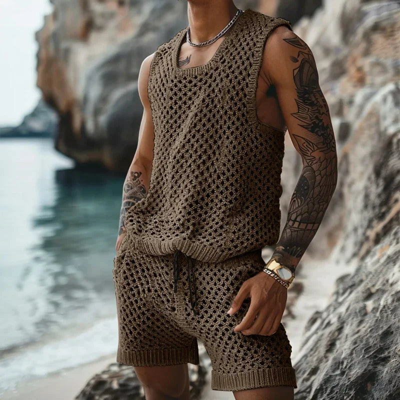 Summer Men's Clothes Casual Knit Two-piece Sets Trendy Tank Tops Shorts Hollow Out Beach Sport Suits for Men Streetwear Design