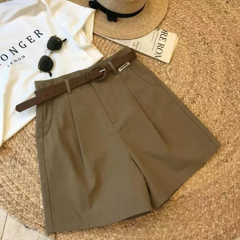 Chic Fashion Office Lady's Shorts With Belt Elegant Women's Straight Leg Shorts Korean Matching Basic Female New Wide Leg Shorts