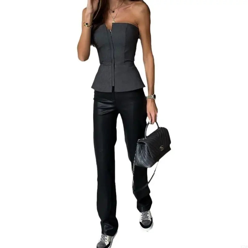 N7YF Elegant Up Bustier with Shoulder Baring Sleeveless Solid Bandeau