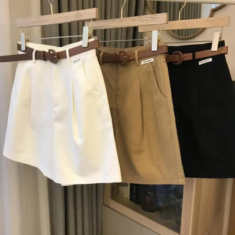 Chic Fashion Office Lady's Shorts With Belt Elegant Women's Straight Leg Shorts Korean Matching Basic Female New Wide Leg Shorts