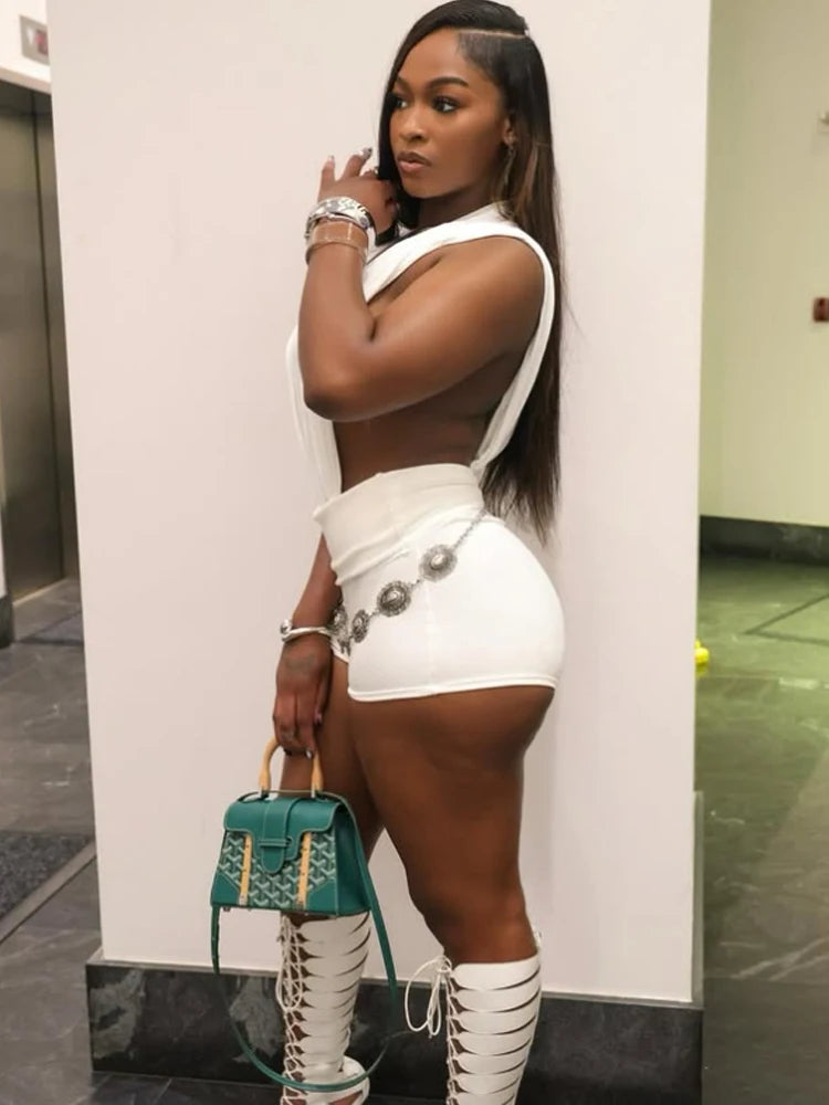 Weird Puss Sexy Women 2 Piece Set Coquette Sleeveless Side Split Bodysuit Tops+Shorts Stretch Midnight Matching Clubwear Suits