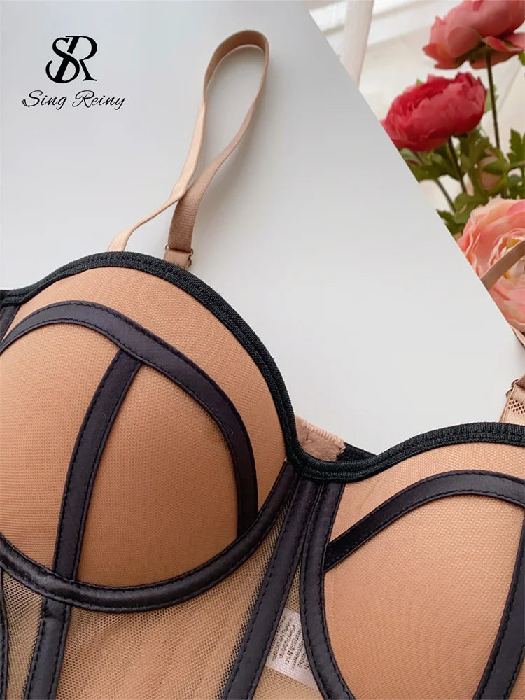 SINGREINY Strap Women Sheer Lingerie Streetwear Corset Slim Backless Tank Top Strapless Transparent Striped Sheath Sexy Camisole