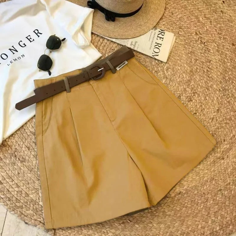 Chic Fashion Office Lady's Shorts With Belt Elegant Women's Straight Leg Shorts Korean Matching Basic Female New Wide Leg Shorts