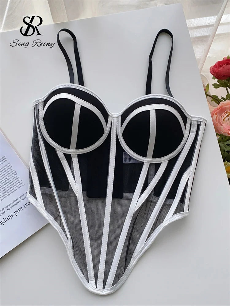 SINGREINY Strap Women Sheer Lingerie Streetwear Corset Slim Backless Tank Top Strapless Transparent Striped Sheath Sexy Camisole