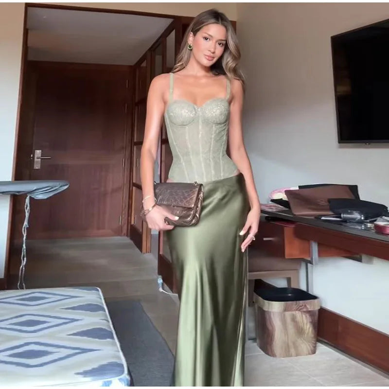 Fashion Solid Women's Two Piece Suit V-neck Sleeveless Lace Up Top A-line Hip Package Long Skirt 2025 Summer Lady Causal Outfits
