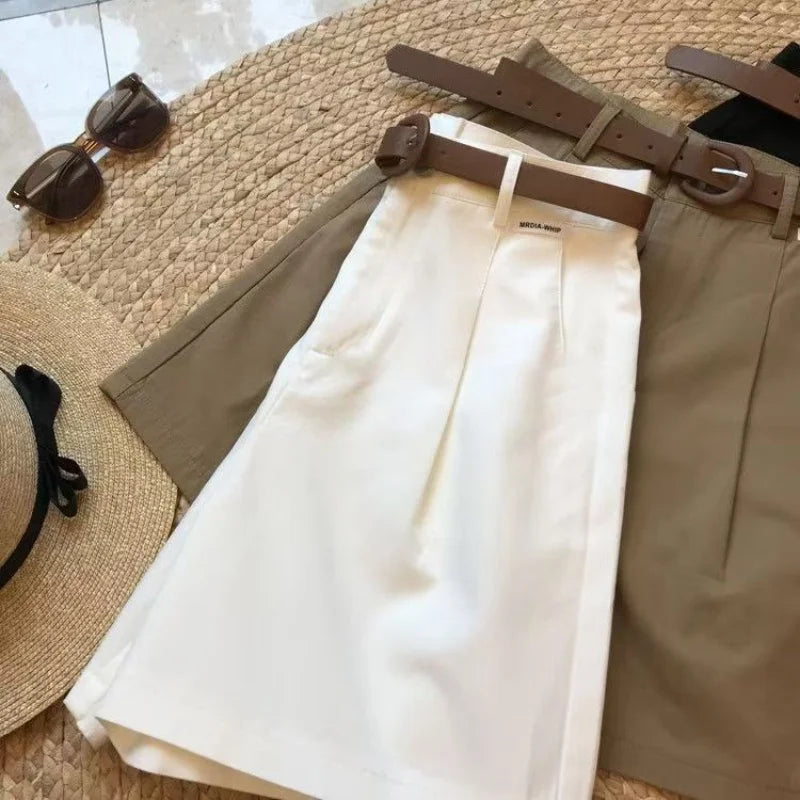 Chic Fashion Office Lady's Shorts With Belt Elegant Women's Straight Leg Shorts Korean Matching Basic Female New Wide Leg Shorts