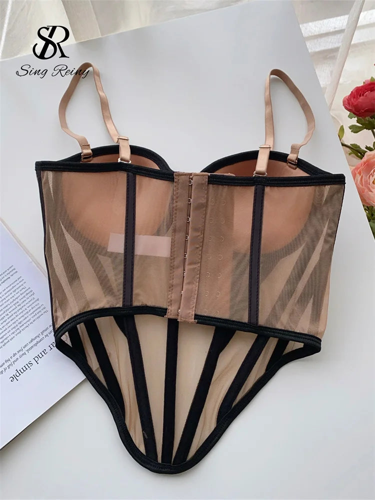 SINGREINY Strap Women Sheer Lingerie Streetwear Corset Slim Backless Tank Top Strapless Transparent Striped Sheath Sexy Camisole