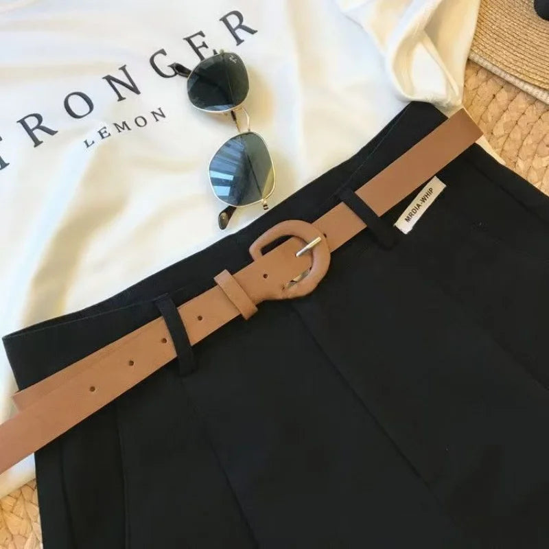 Chic Fashion Office Lady's Shorts With Belt Elegant Women's Straight Leg Shorts Korean Matching Basic Female New Wide Leg Shorts