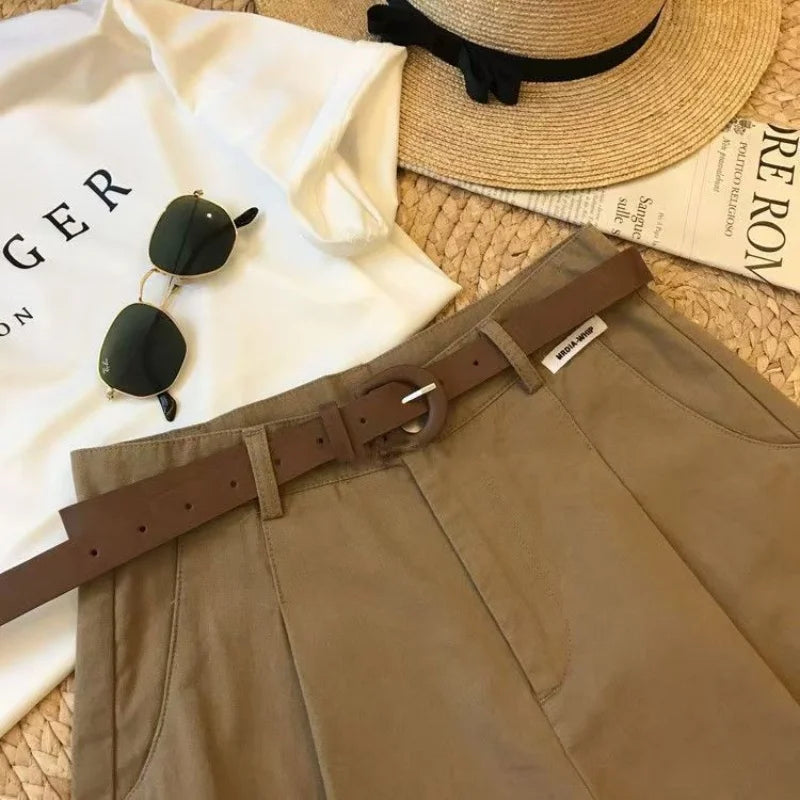 Chic Fashion Office Lady's Shorts With Belt Elegant Women's Straight Leg Shorts Korean Matching Basic Female New Wide Leg Shorts